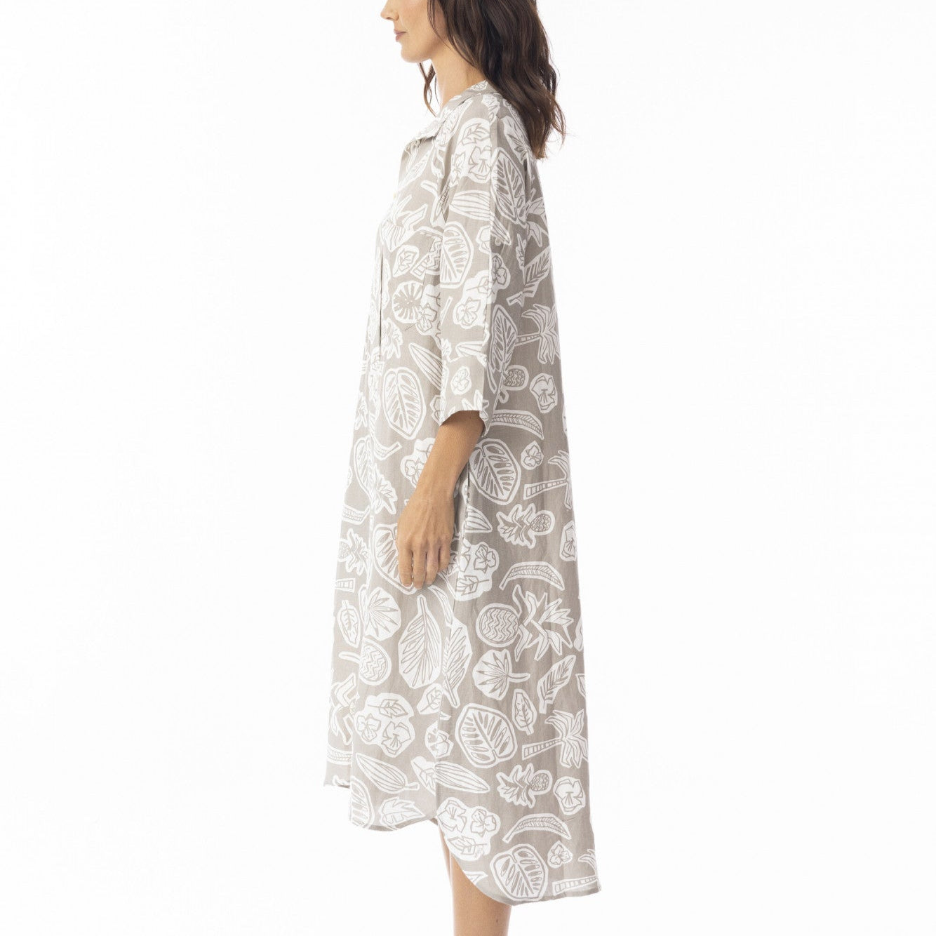Orientique Linen Print Midi Collared Shirt Dress