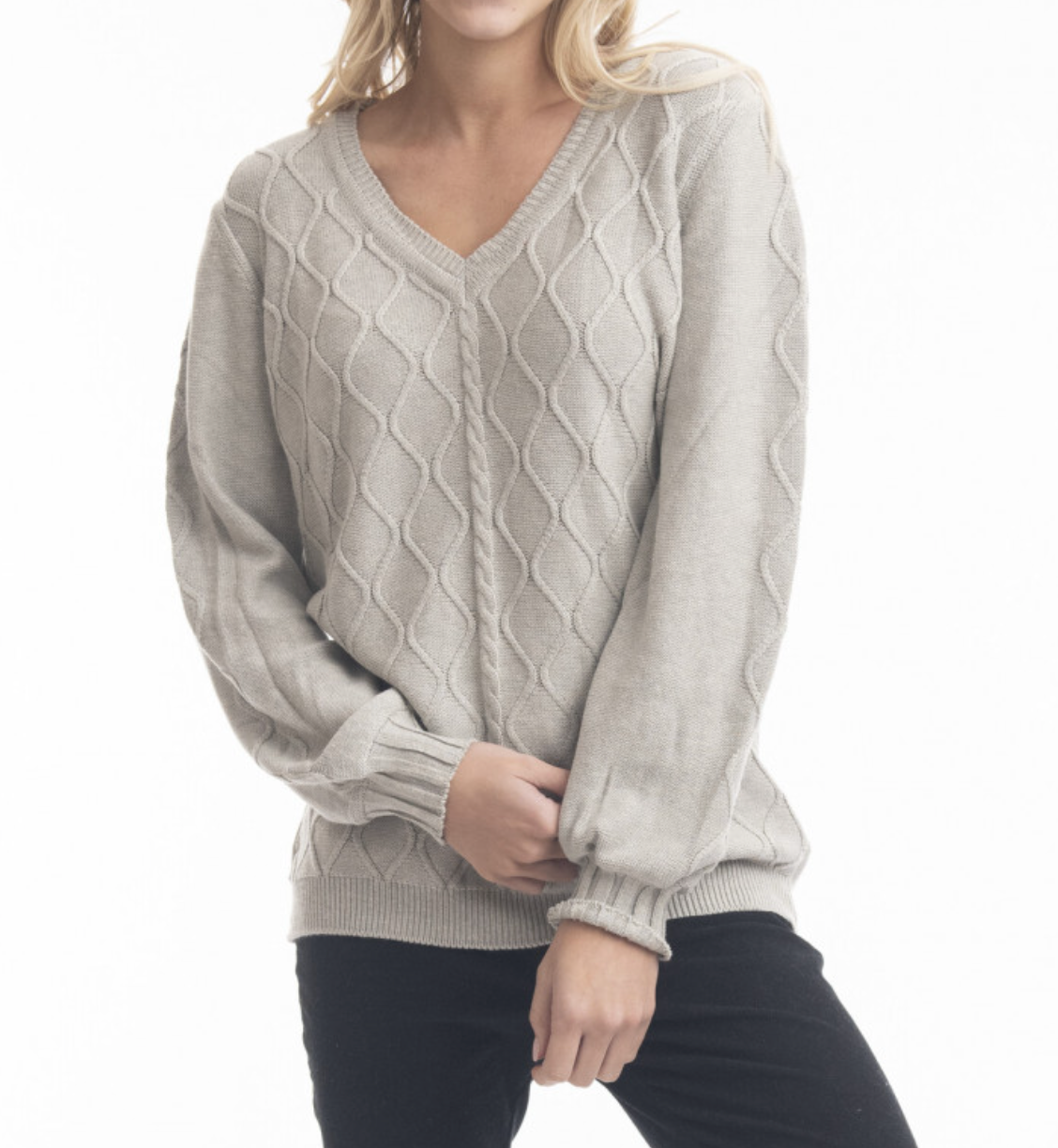 Orientique Knits V-neck Cable Jumper Grey