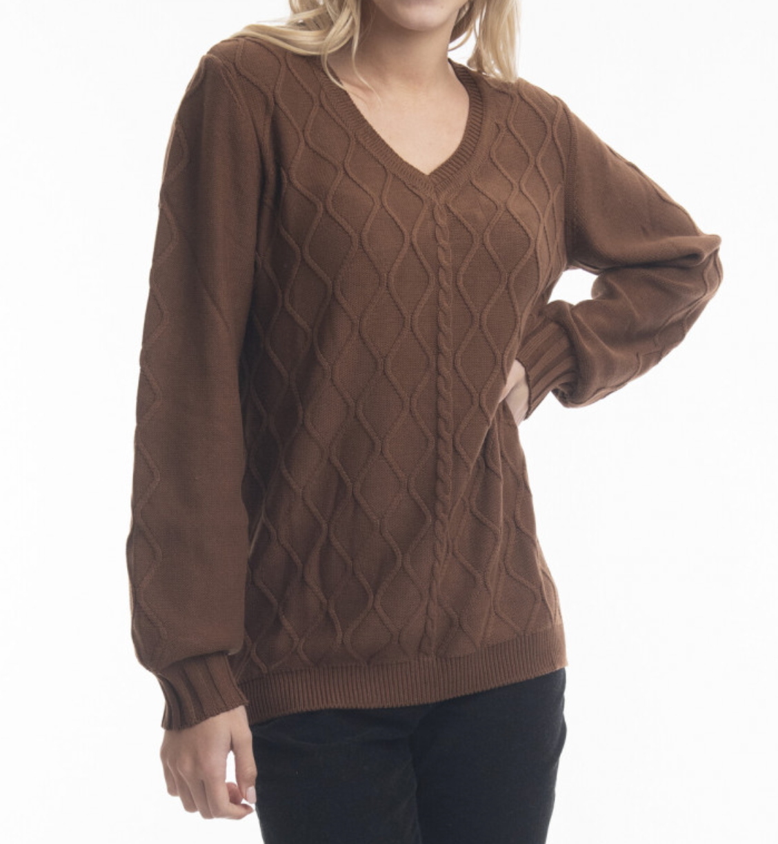 Orientique Knits V-neck Cable Jumper Tan