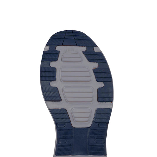 Close-up of a shoe sole with blue and gray pattern on a white background