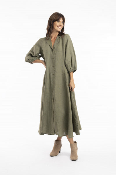 Orientique Escape Pure Linen Dress Puff Sleeve