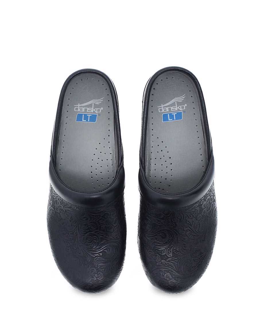 Dansko Lt Pro Black Floral Tooled Clog