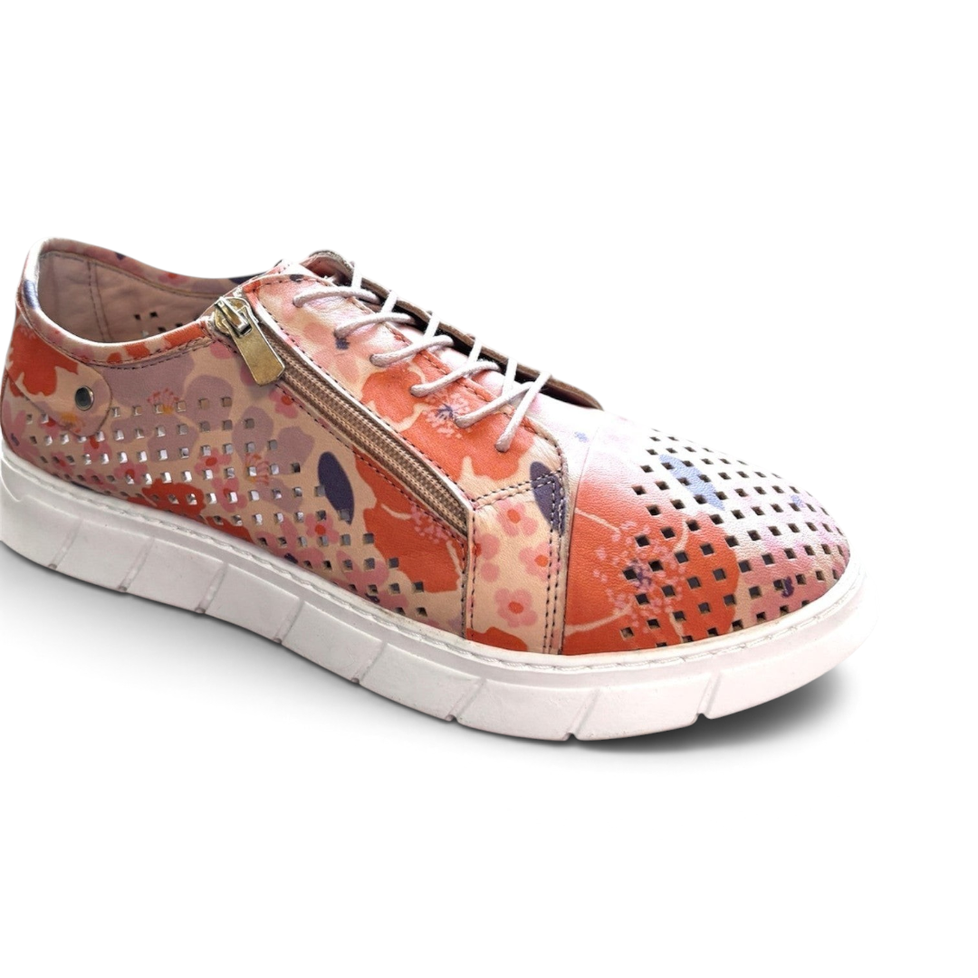 The Happy Shoe Shop Cabello EG172P floral perforated leather sneaker with side zip and white cushioned sole