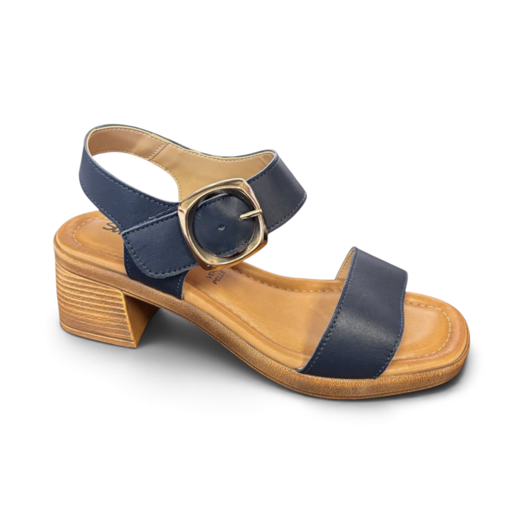 The Happy Shoe Shop Sundowner Arianna navy leather block heel sandal with gold buckle and cushioned footbed