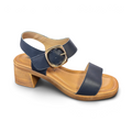 The Happy Shoe Shop Sundowner Arianna navy leather block heel sandal with gold buckle and cushioned footbed