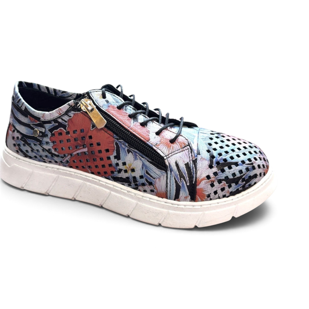 The Happy Shoe Shop Cabello EG172P floral perforated leather sneaker with side zip and white cushioned sole