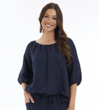 Linen Solid Top Gather Neck 3/4 Sleeve