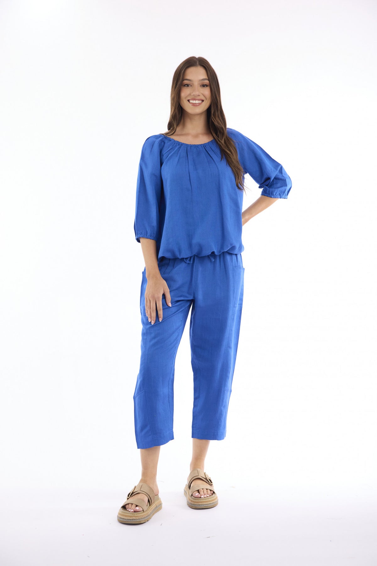 Orientique Linen Solid Top Gather Neck 3/4 Sleeve