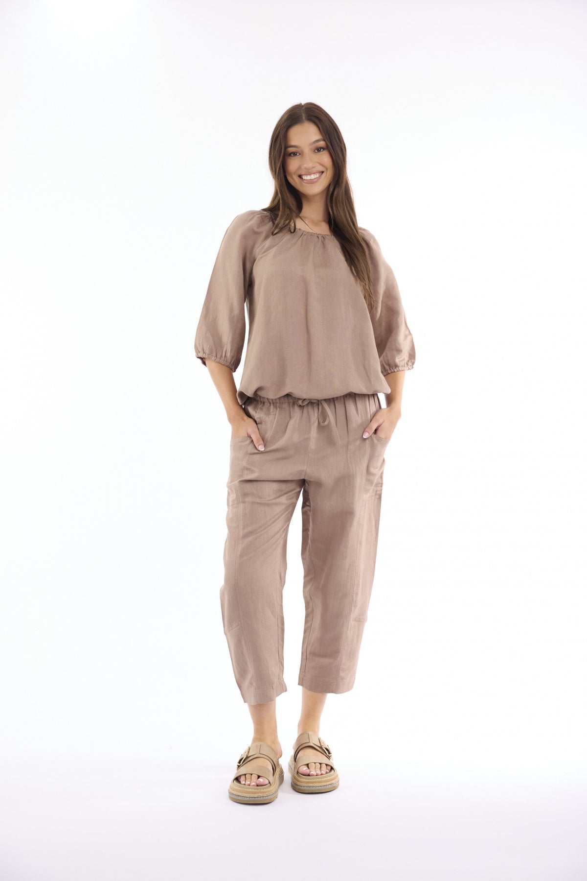 Orientique Linen Solid Top Gather Neck 3/4 Sleeve