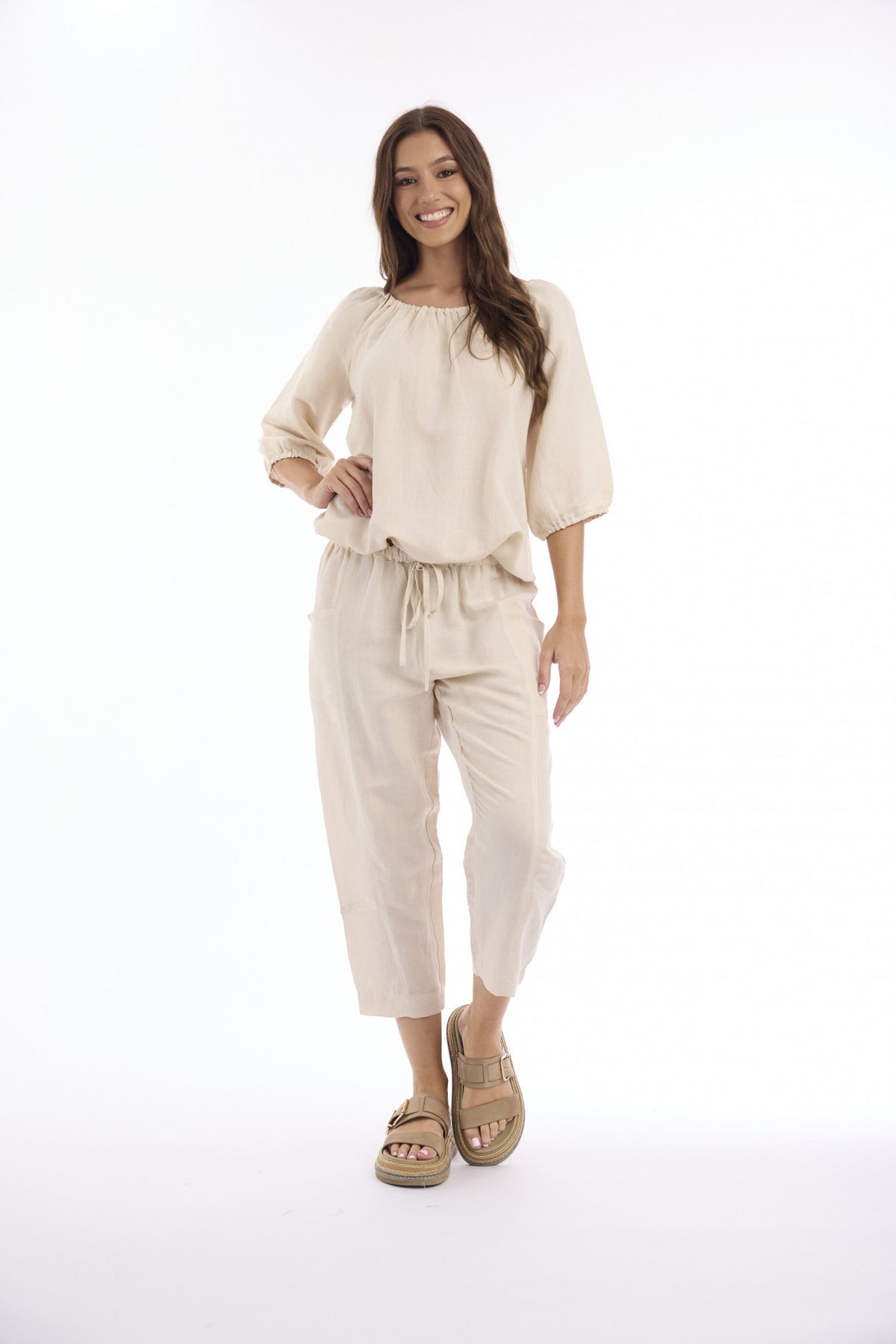 Orientique Linen Solid Top Gather Neck 3/4 Sleeve