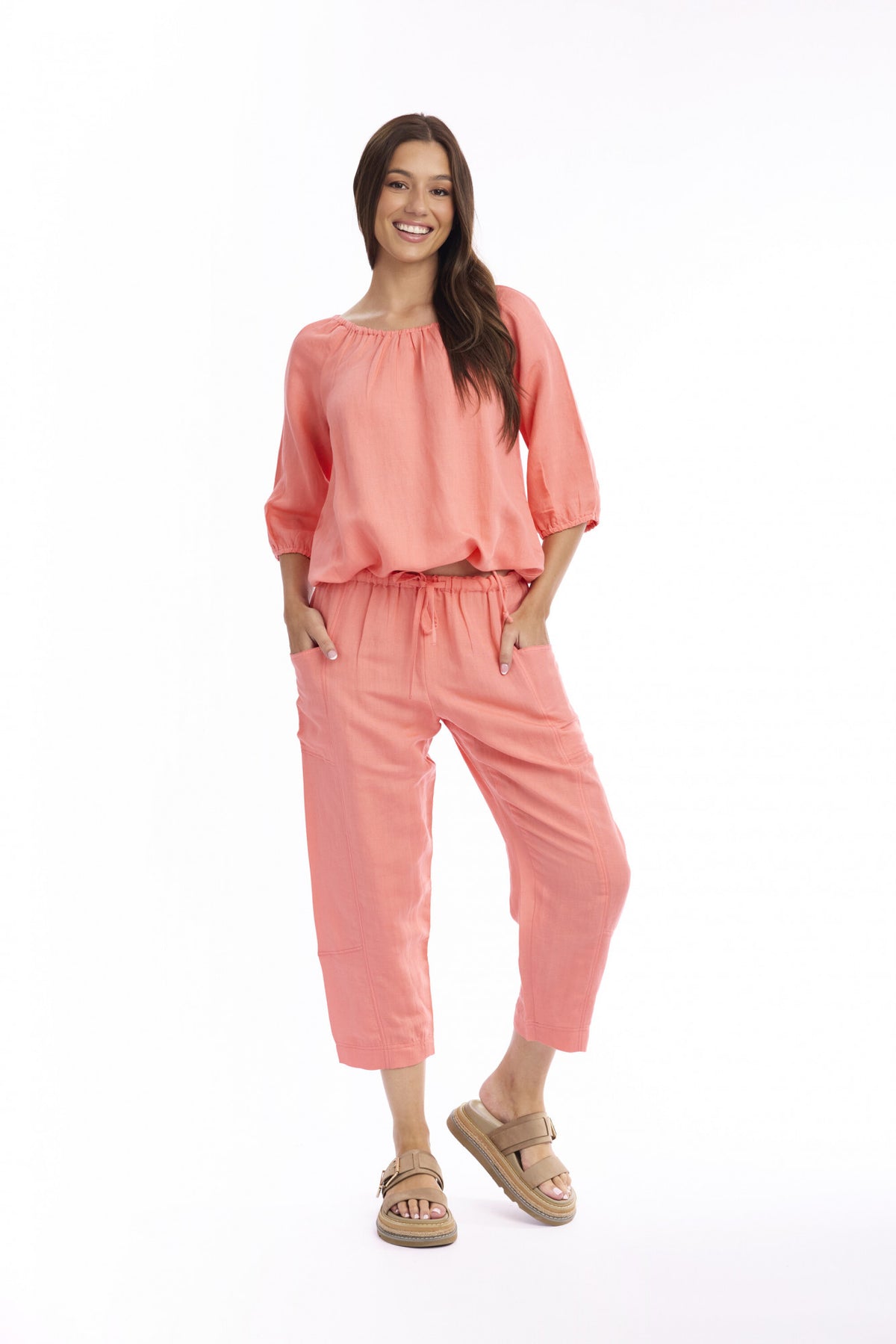 Linen Solid Top Gather Neck 3/4 Sleeve