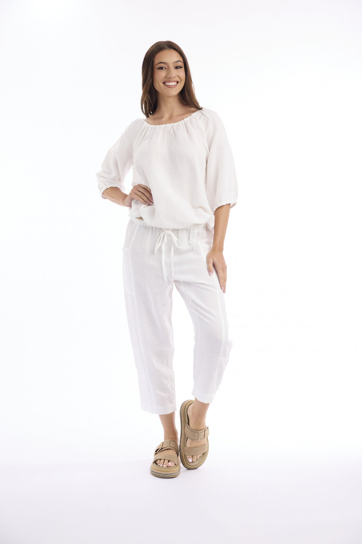 Orientique Linen Solid Top Gather Neck 3/4 Sleeve