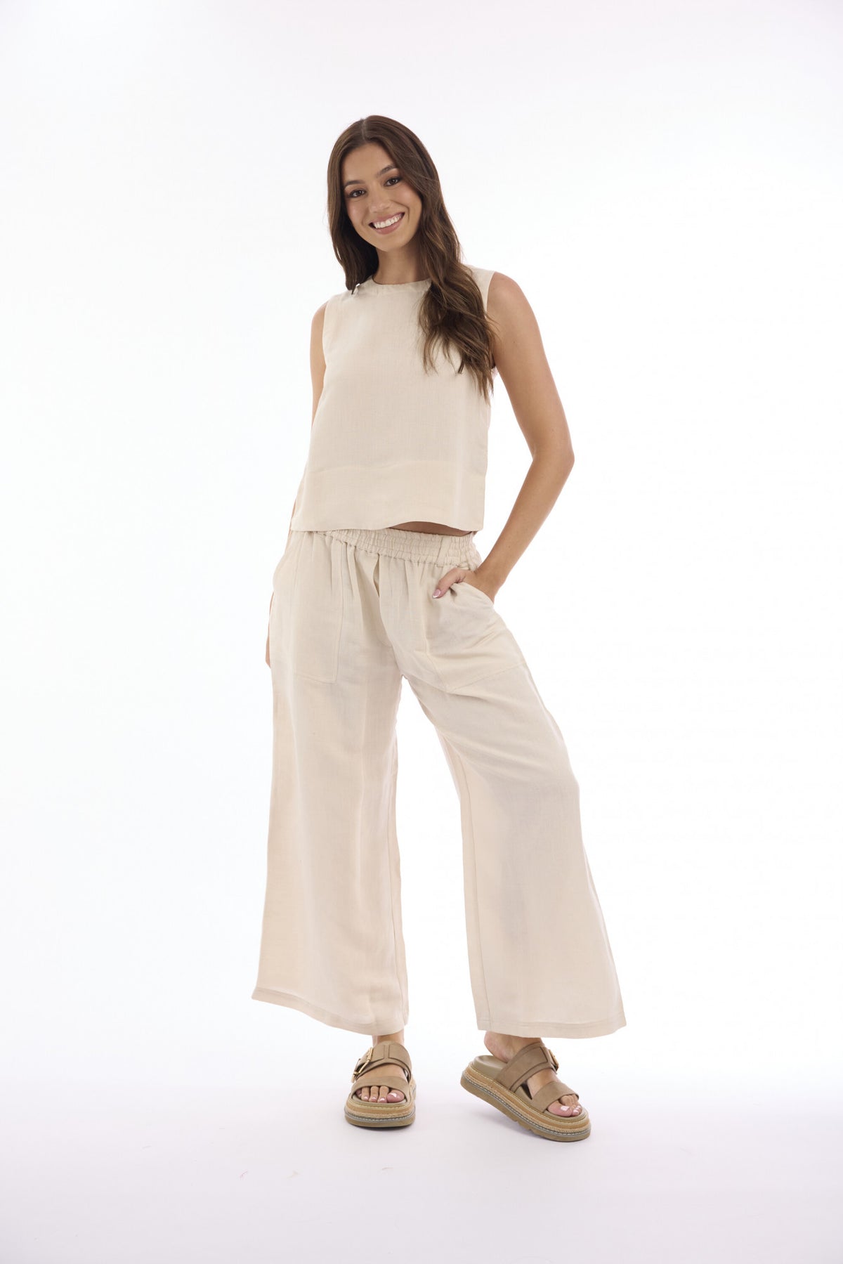 Orientique Linen Solid Wide Leg Pant