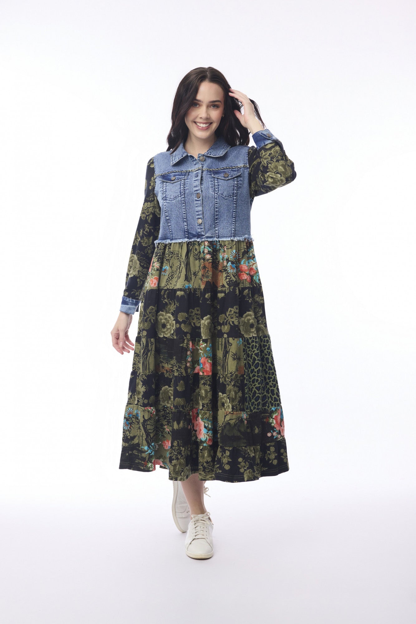 Orientique Keqioa Dress Maxi Collar Denim Mix