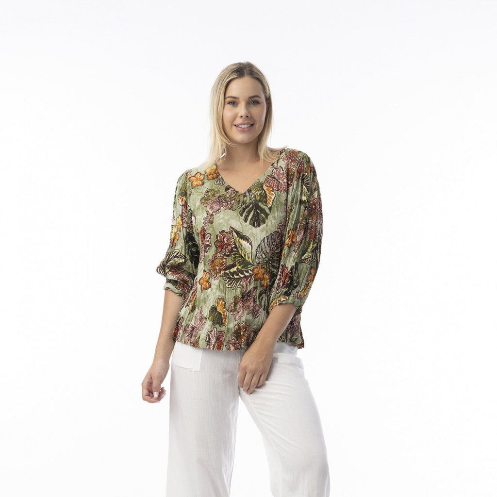Orientique Lima Olive V Neck Top