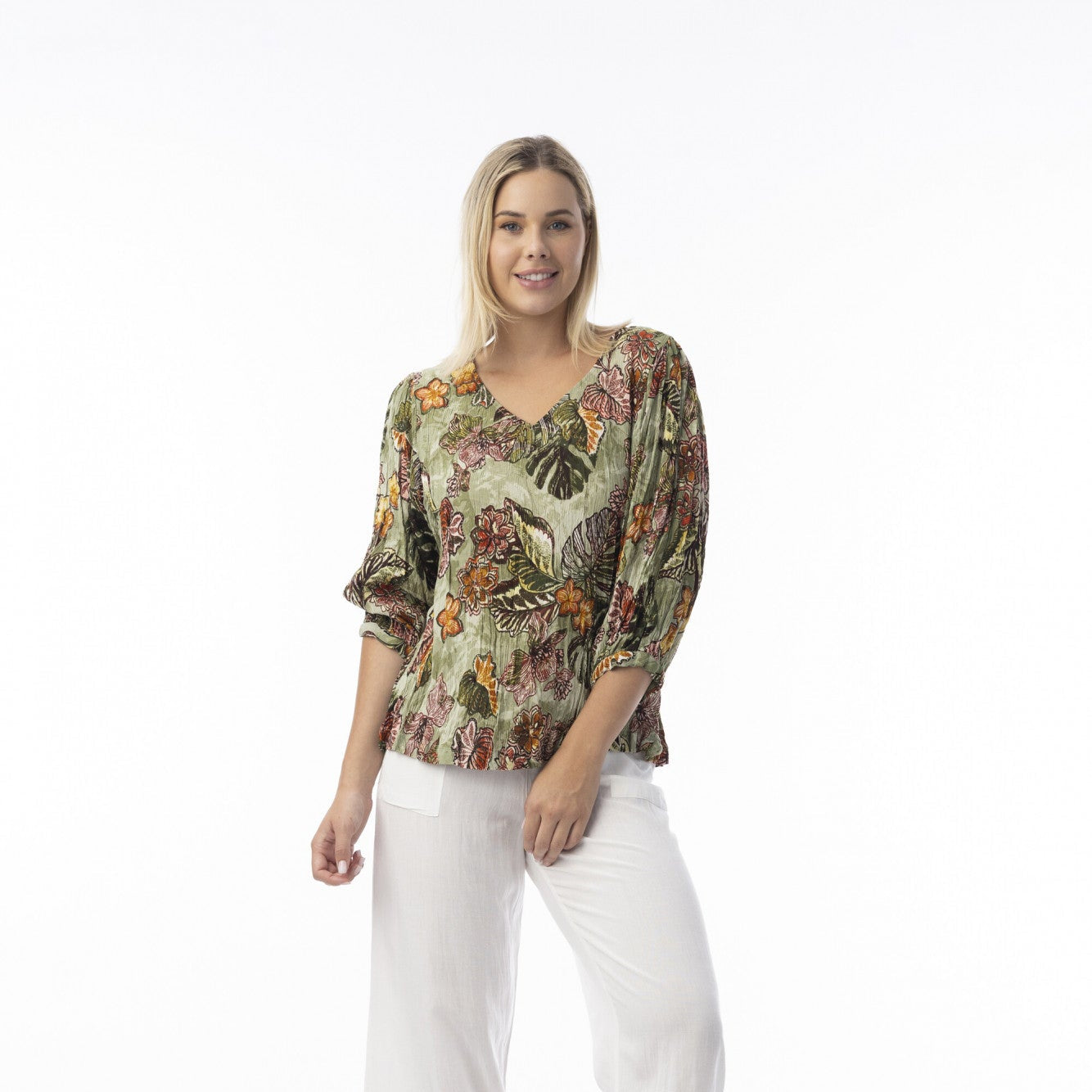 Orientique Lima Olive V Neck Top