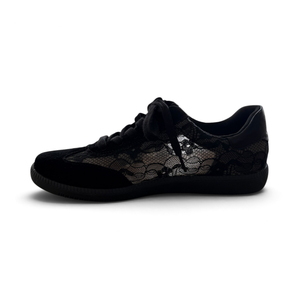 The Happy Shoe Shop Via Nova Flirt black lace sneaker with suede panels and a low-top sporty design.
