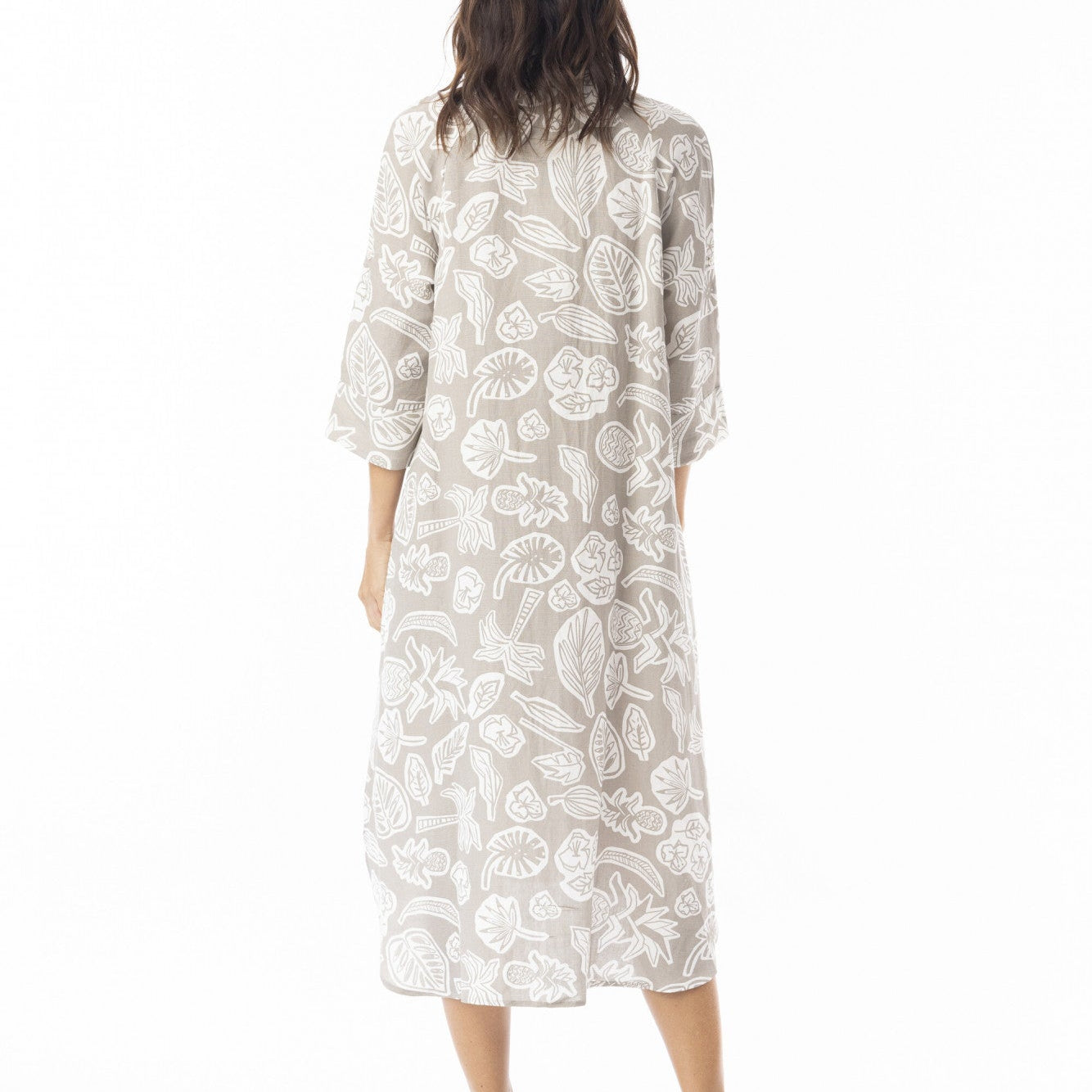 Orientique Linen Print Midi Collared Shirt Dress