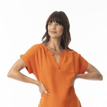 Orientique Linen Chinese Collar Top with Wide Sleeve