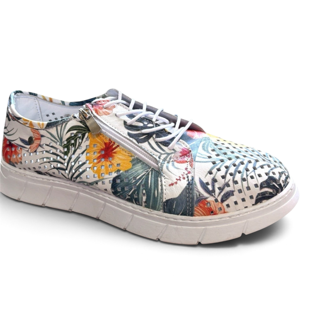 The Happy Shoe Shop Cabello EG172P floral perforated leather sneaker with side zip and white cushioned sole.