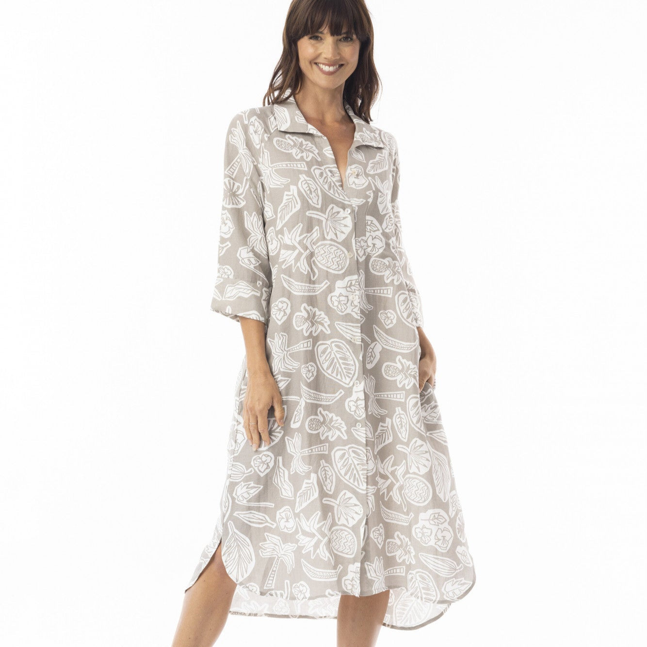 Orientique Linen Print Midi Collared Shirt Dress