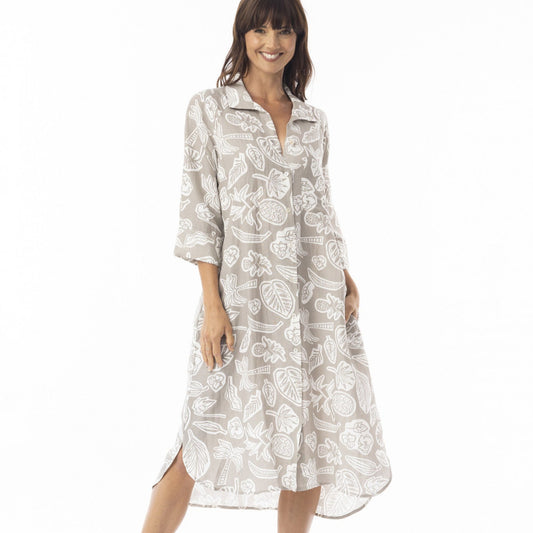 Orientique Linen Print Midi Collared Shirt Dress
