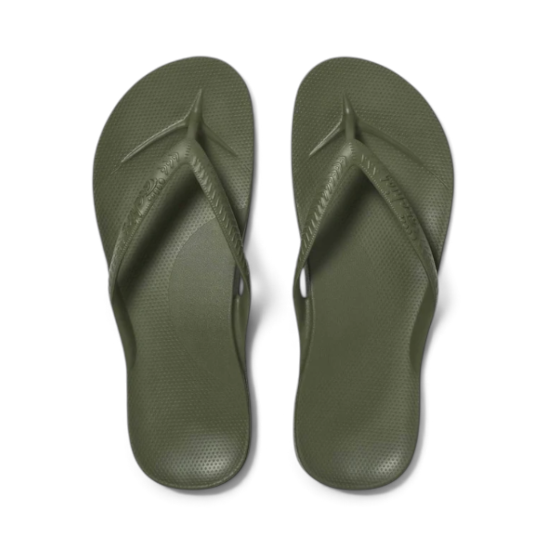 The Happy Shoe Shop Archies khaki arch support thongs with a textured footbed and ergonomic design