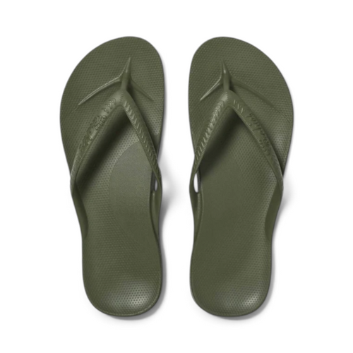 The Happy Shoe Shop Archies khaki arch support thongs with a textured footbed and ergonomic design