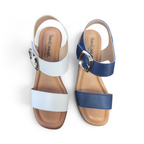 The Happy Shoe Shop Sundowner Arianna leather block heel sandals in white and navy blue with adjustable buckle straps.