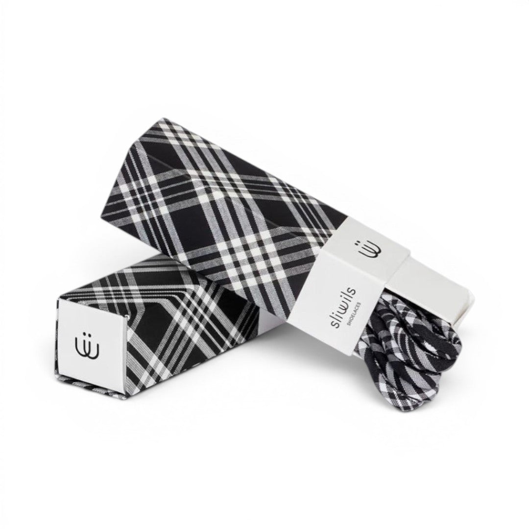 The Happy Shoe Shop Sliwils 120cm black and white plaid shoelaces in premium gift box packaging.