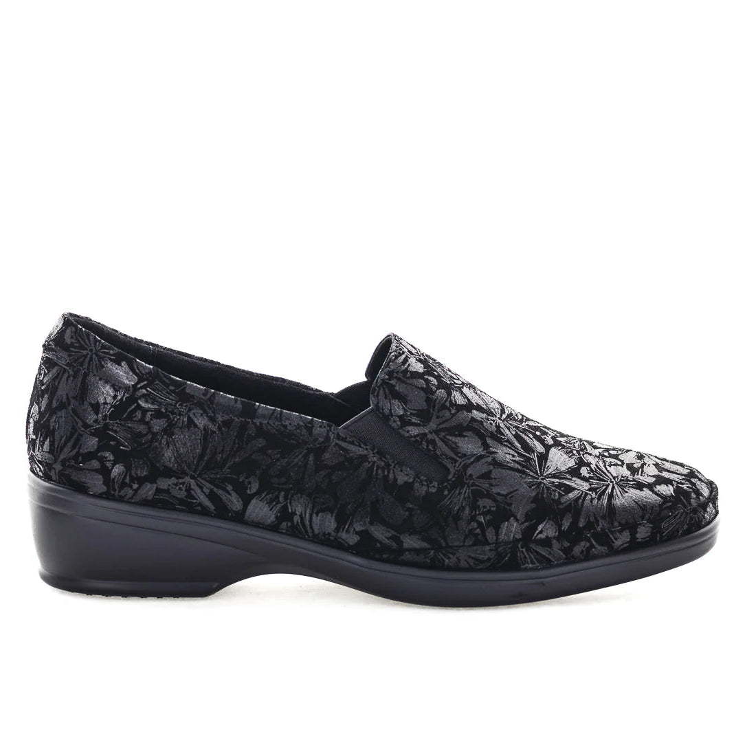 Black floral-patterned loafer shoe on a white background