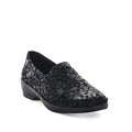 Black floral-patterned loafer shoe on a white background