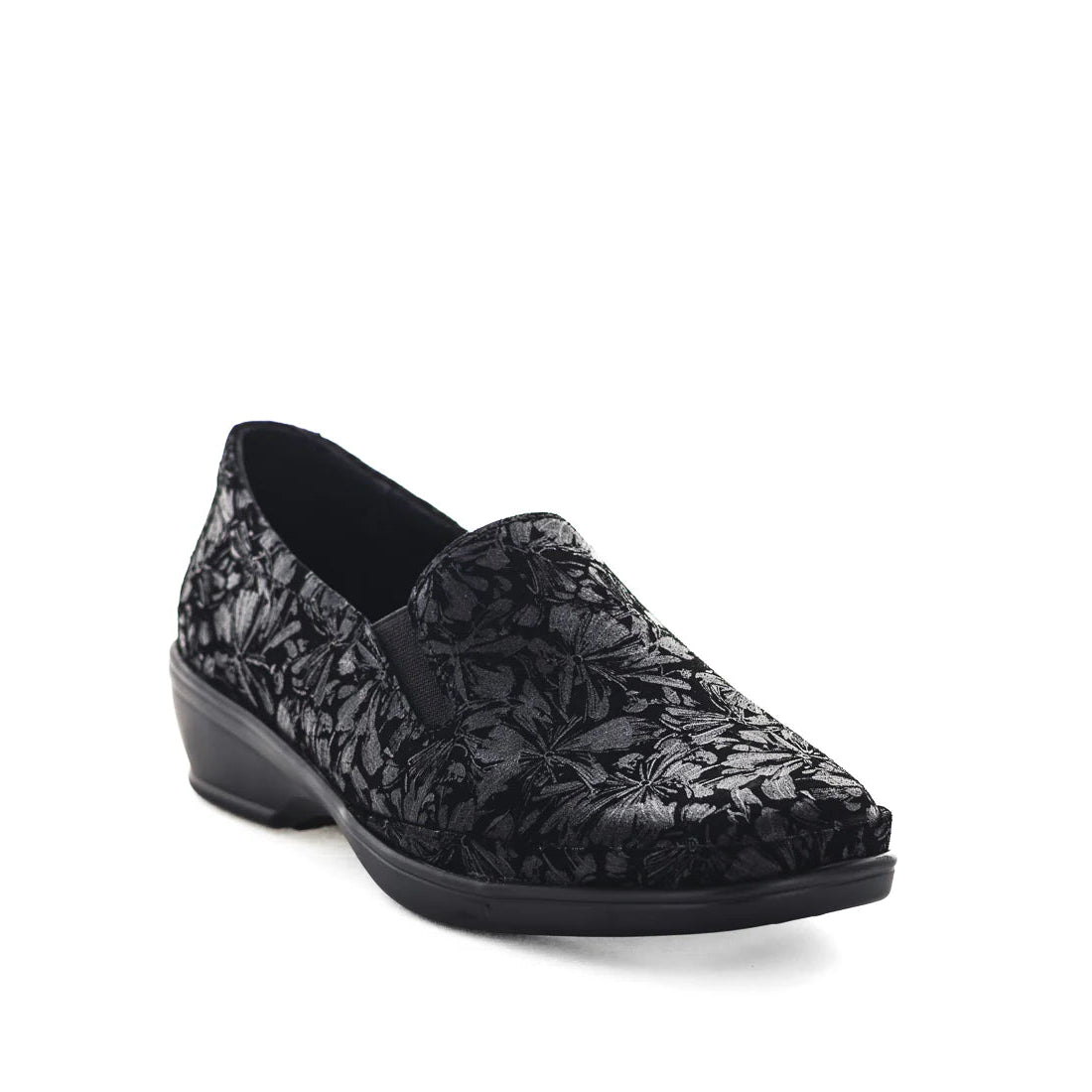 Black floral-patterned loafer shoe on a white background