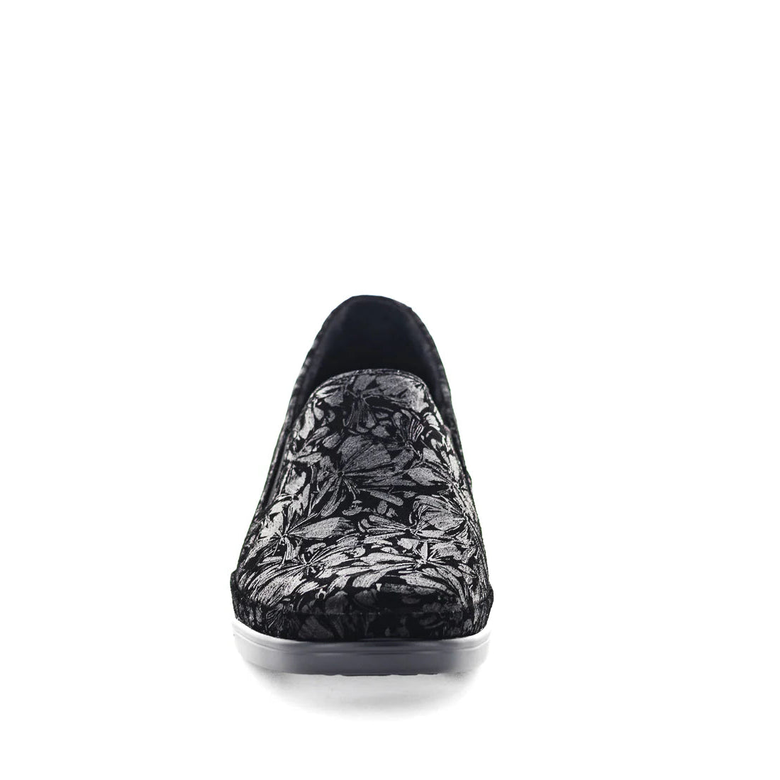Black floral-patterned slip-on shoe on a white background