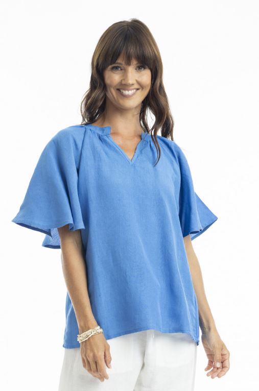 Orientique Linen Chinese Collar Top with Wide Sleeve