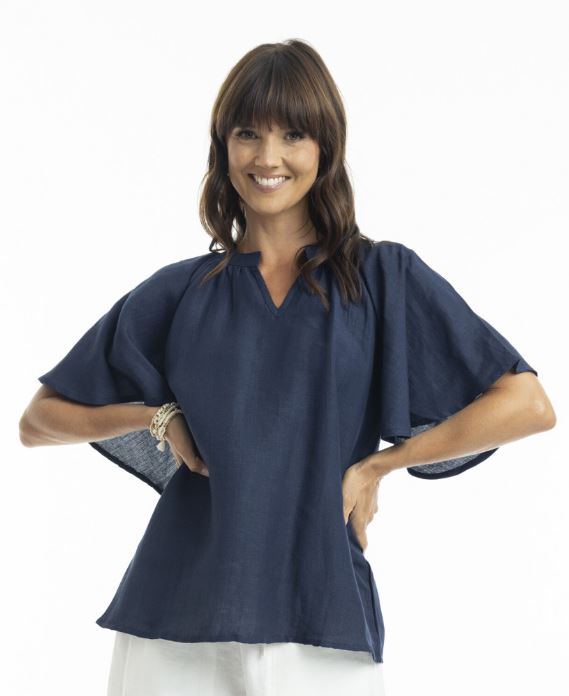 Orientique Linen Chinese Collar Top with Wide Sleeve