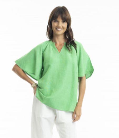 Orientique Linen Chinese Collar Top with Wide Sleeve