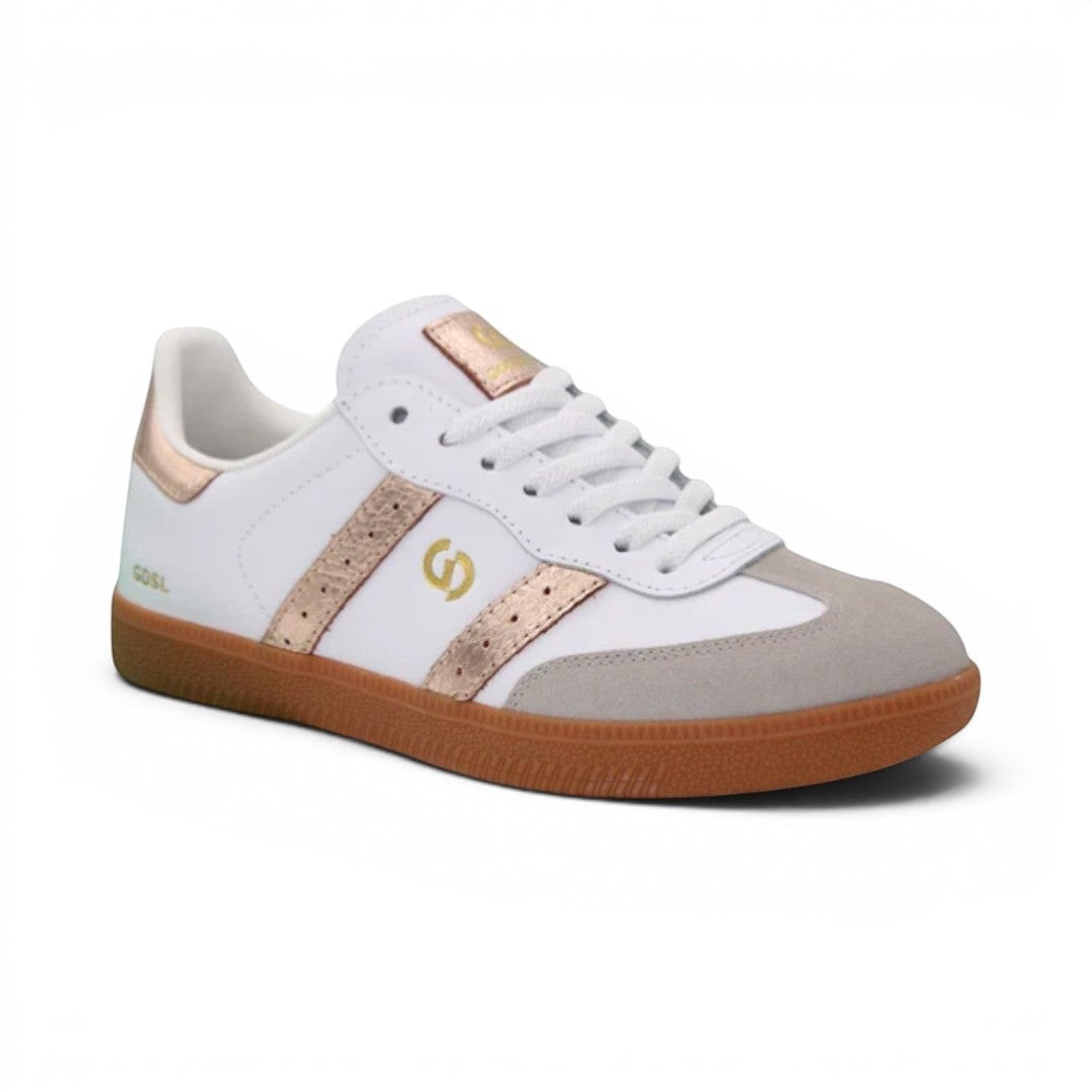 The Happy Shoe Shop Goodsole 2001 Parallel sneakers in white leather with rose gold accents and grey suede toe.