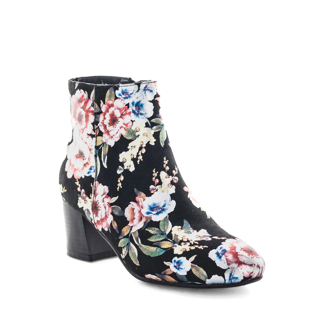 Black ankle boot with colorful floral pattern on a white background