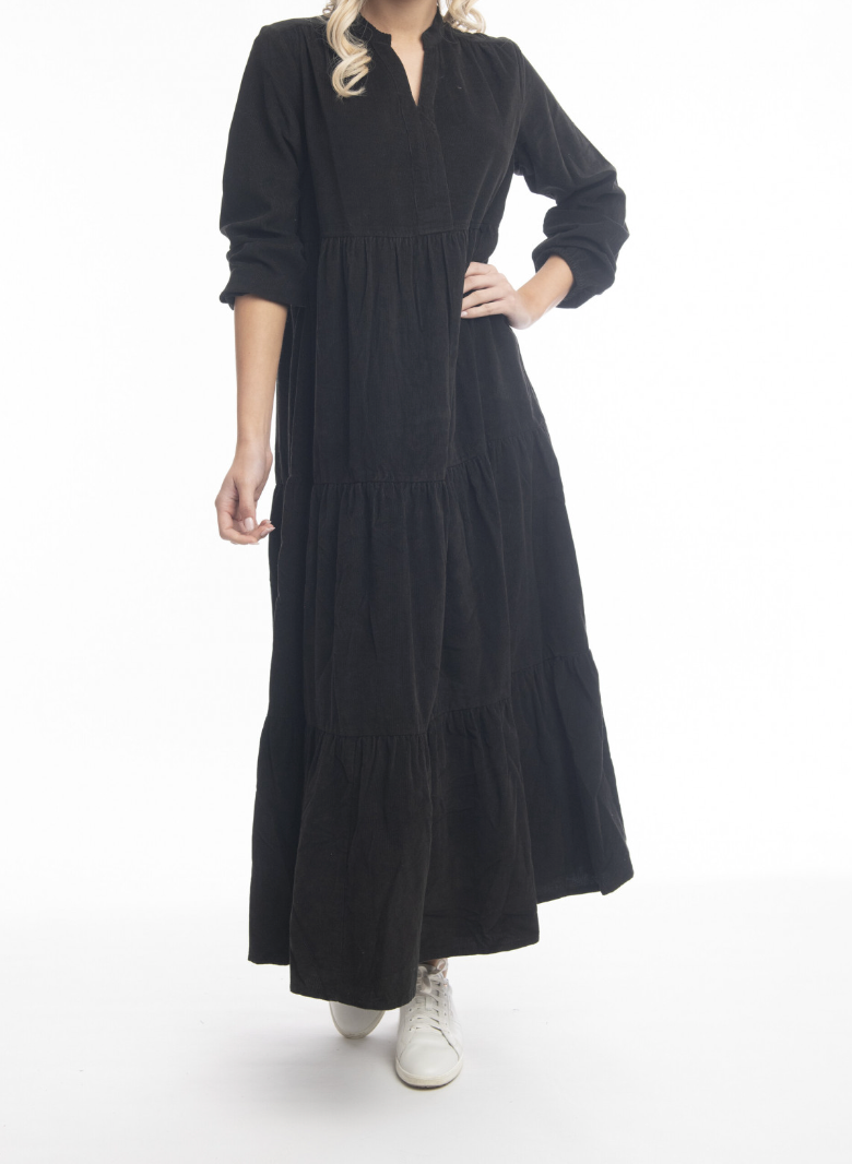 Orientique Cord Solids Dress Layered Maxi Black