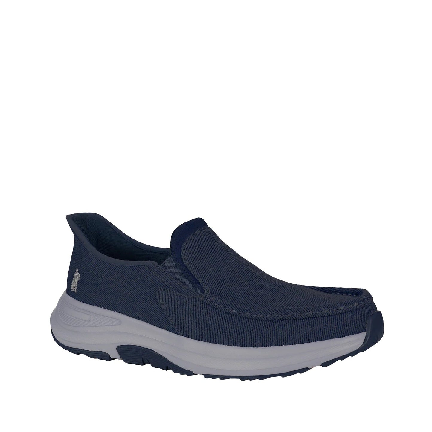 Navy slip-on shoe with gray sole on a white background