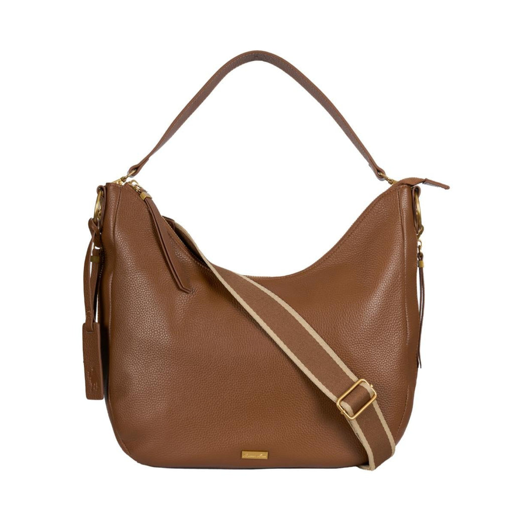 Brown leather Thomas Cook Nadia handbag displaying strap options