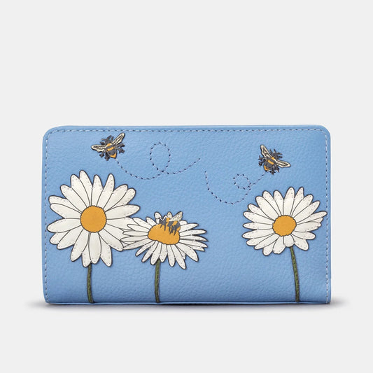 Blue wallet with floral designs on a white background