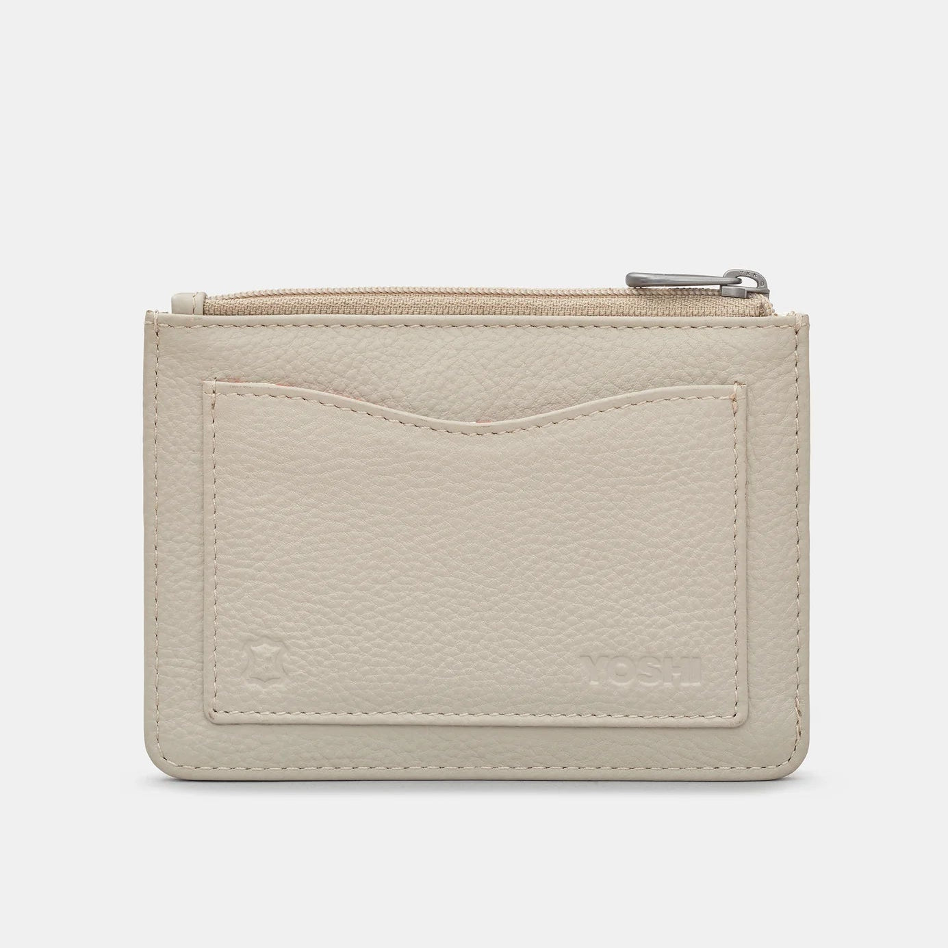 Beige cardholder with a zipper on a white background