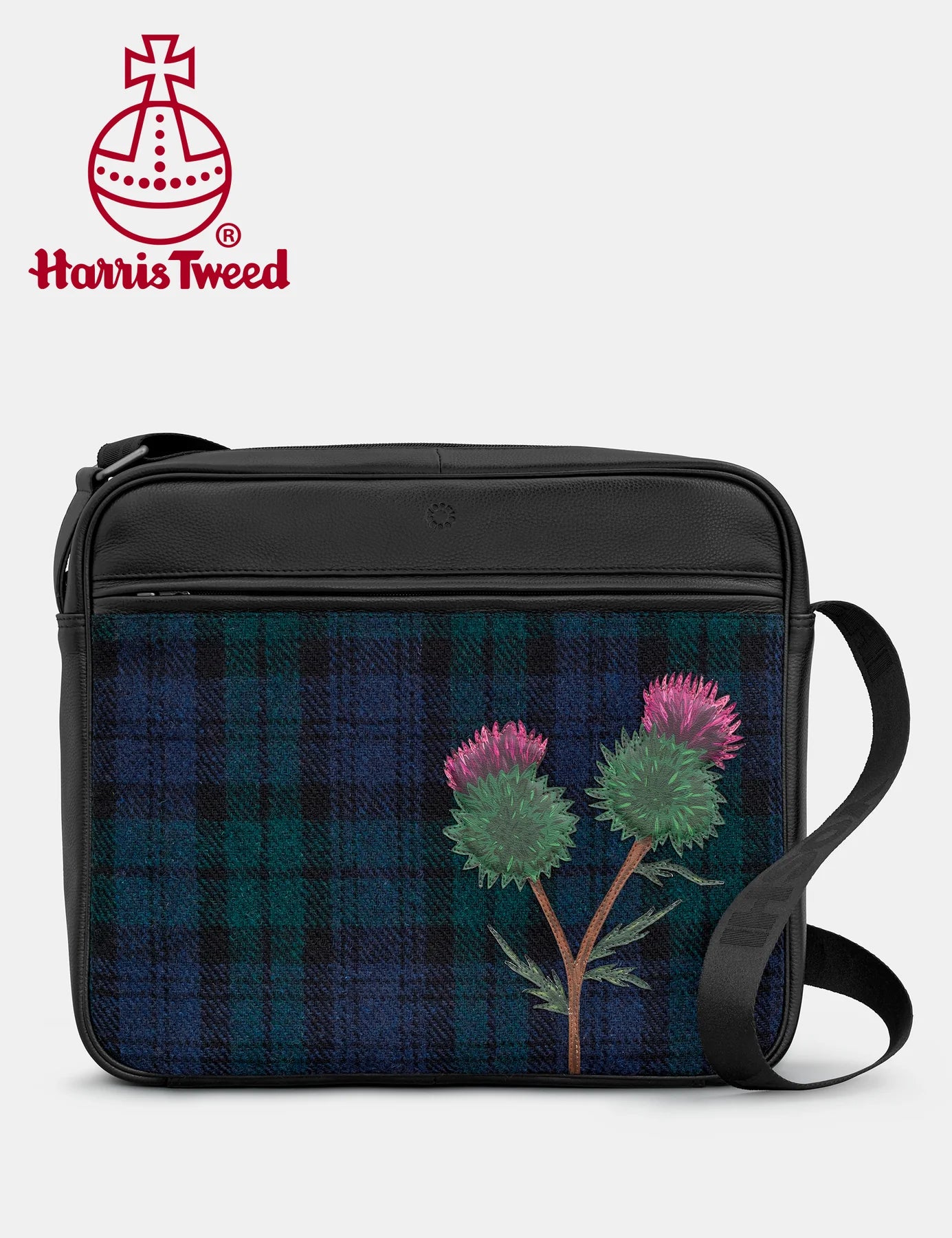 Yoshi Highland Thistle Harris Tweed & Black Leather Messenger Bag