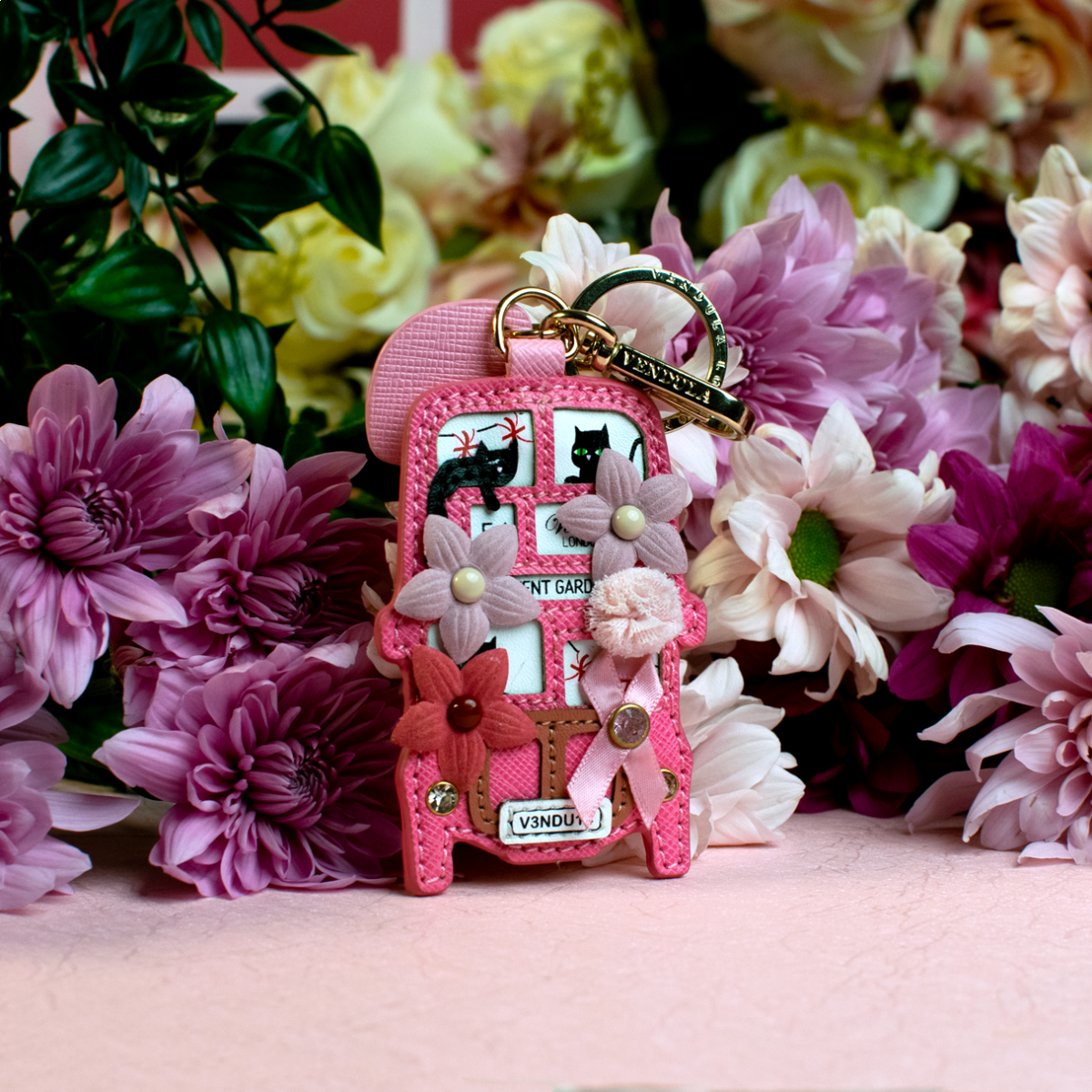 Vendula London - London Cats and Corgis Floral Pink Bus Key Charm - Pink Ribbon Foundation