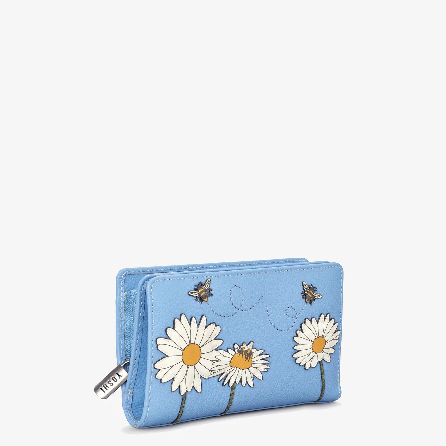 Blue wallet with floral designs on a white background