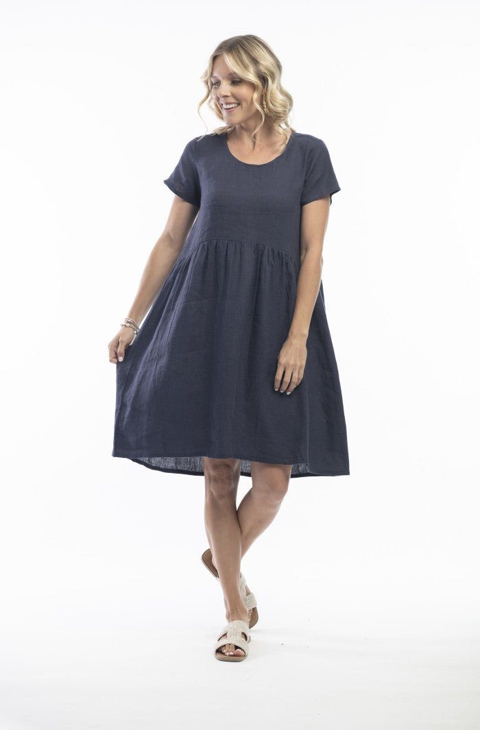 Orientique Escape Pure Linen Ruched Dress Navy