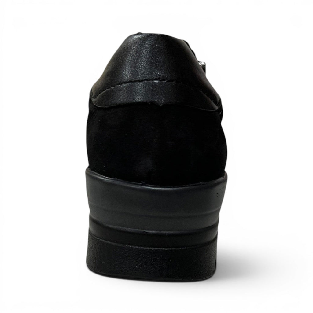 Back view of The Happy Shoe Shop ACO Comfort Aberdeen black sneaker with a sturdy, cushioned sole.