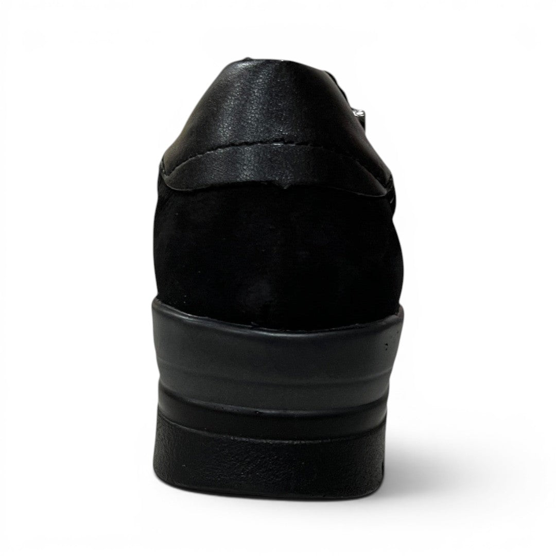 Back view of The Happy Shoe Shop ACO Comfort Aberdeen black sneaker with a sturdy, cushioned sole.